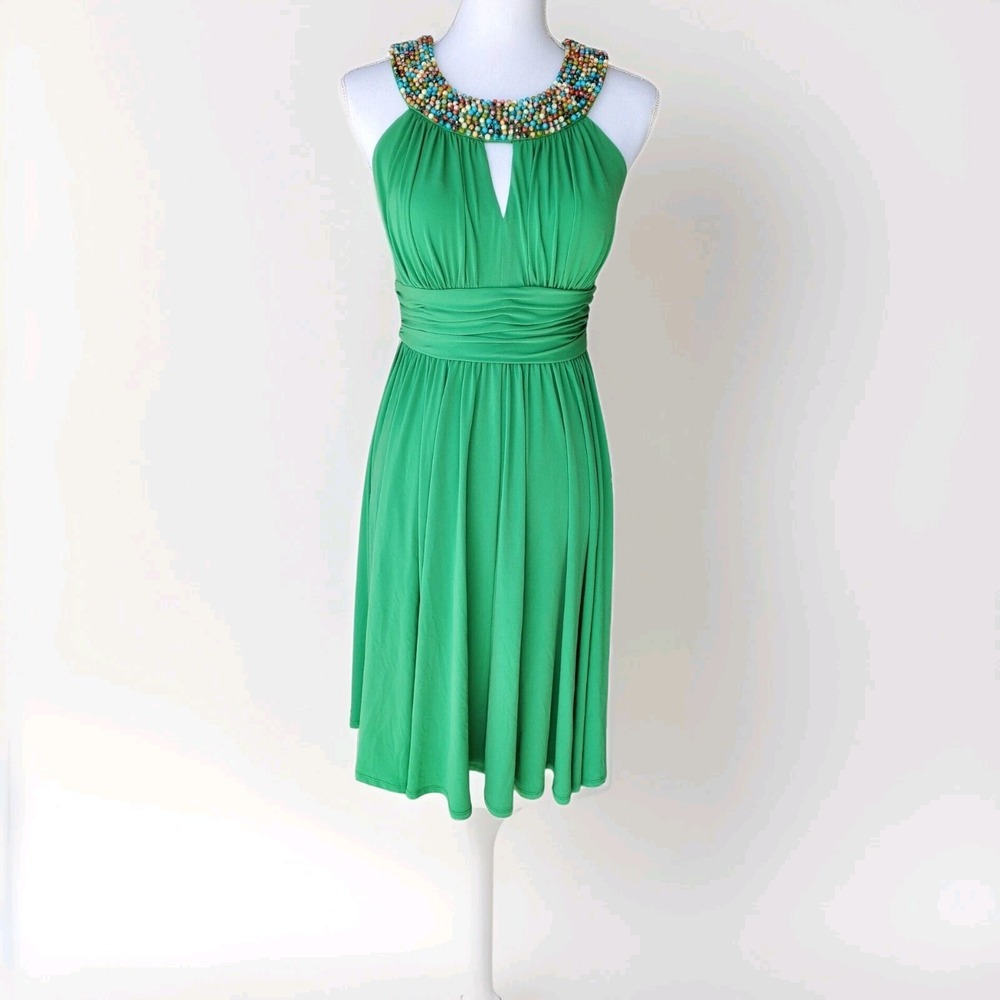 Suzi Chin Maggy Boutique Green Beaded Halter Cocktail Dress Size 2 Ruched Sash